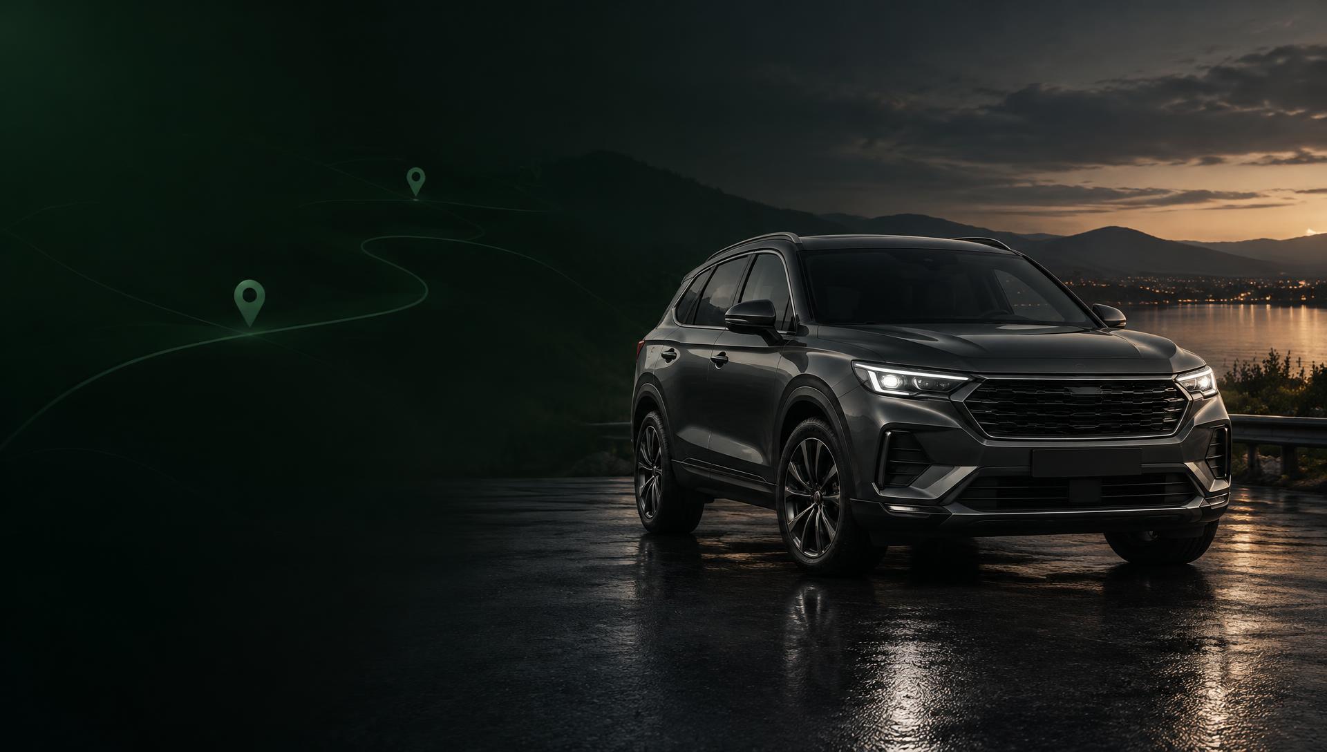 Nowoczesny ciemnografitowy SUV na tle ciemnozielonej mapy z zaznaczoną trasą GPS