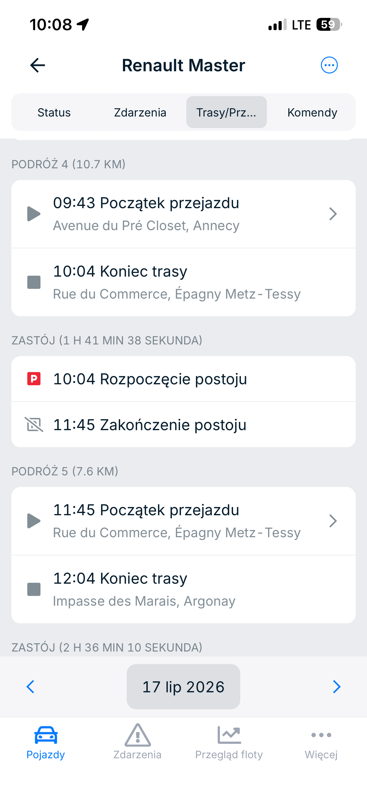 Przejazdy i postoje — GEOZAB
